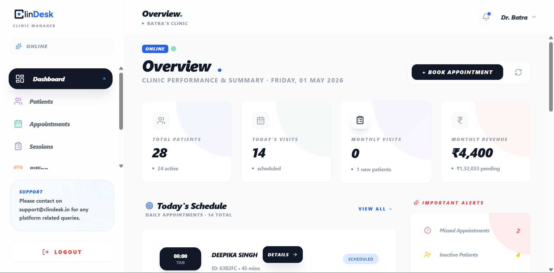 Clindesk Dashboard Preview - Real-time clinic management dashboard